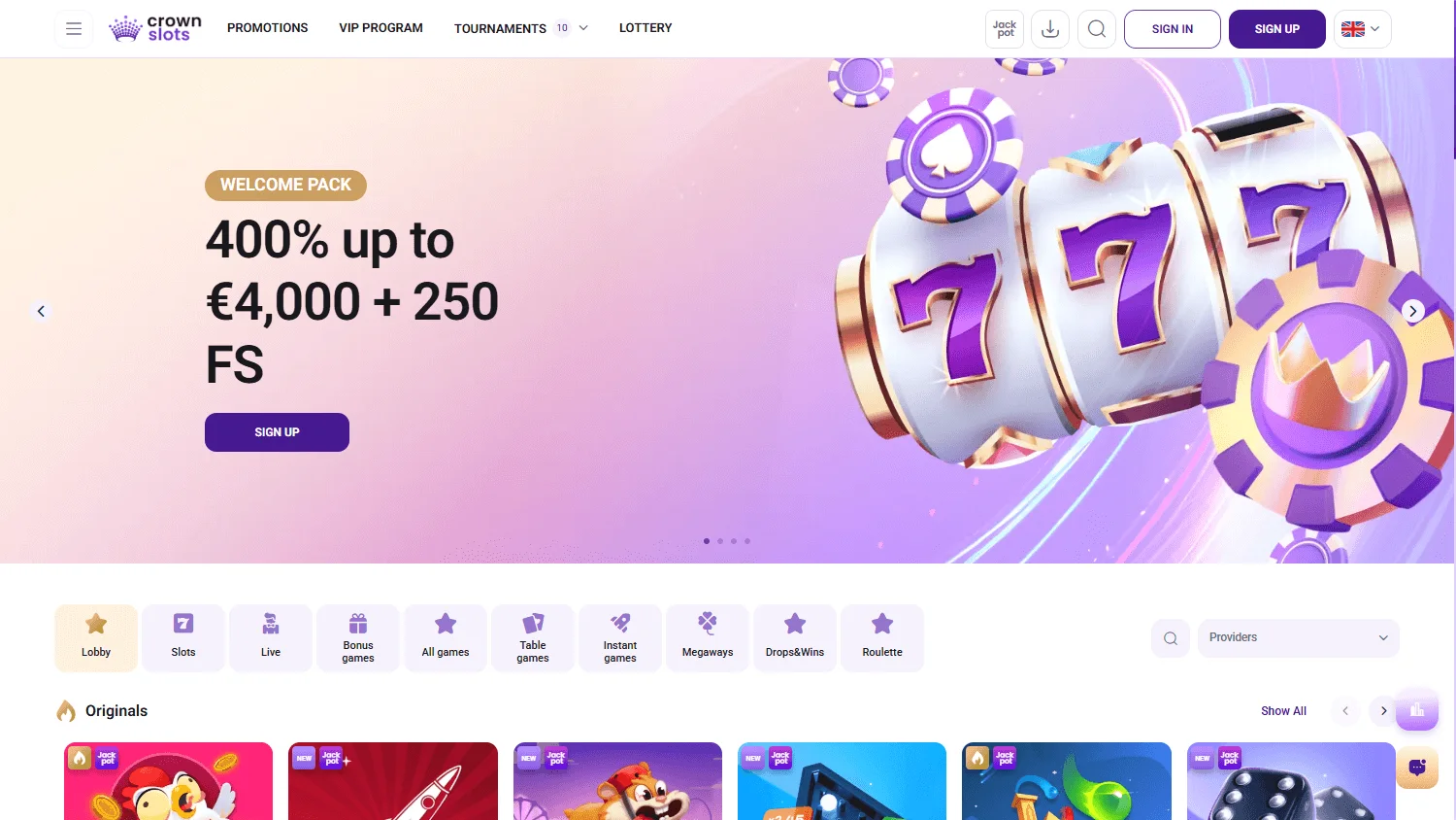Crown Slots Casino desktop game catalogue with casino categories and titles