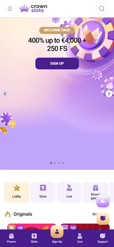 Crown Slots Casino mobile game catalogue displayed on a phone