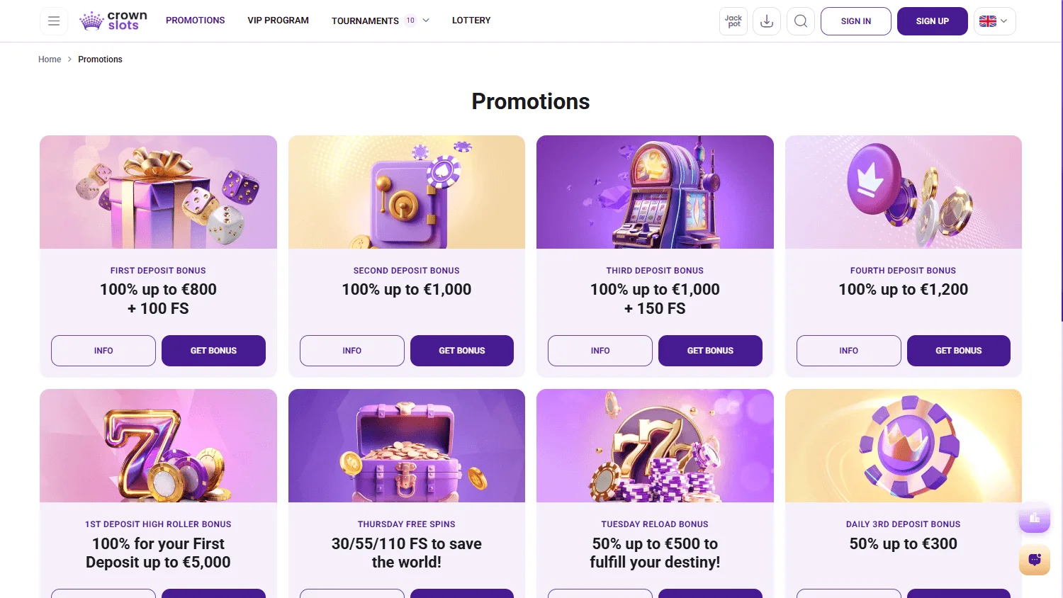 Crown Slots Casino desktop promotions area with cashback, bonuses and tournament offers