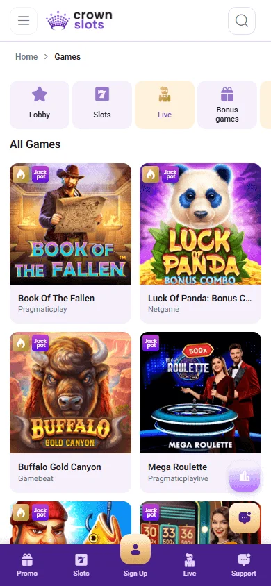 Crown Slots Casino mobile casino selection with multiple game formats