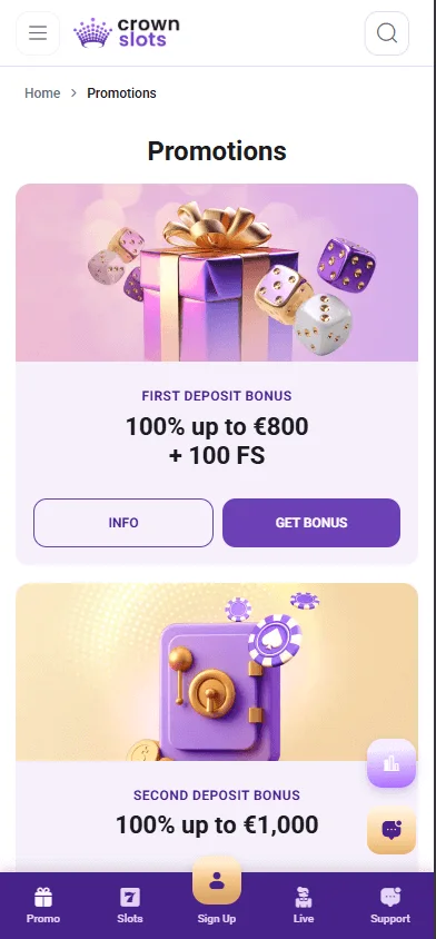 Crown Slots Casino mobile promotions area with rewards and promotional offers